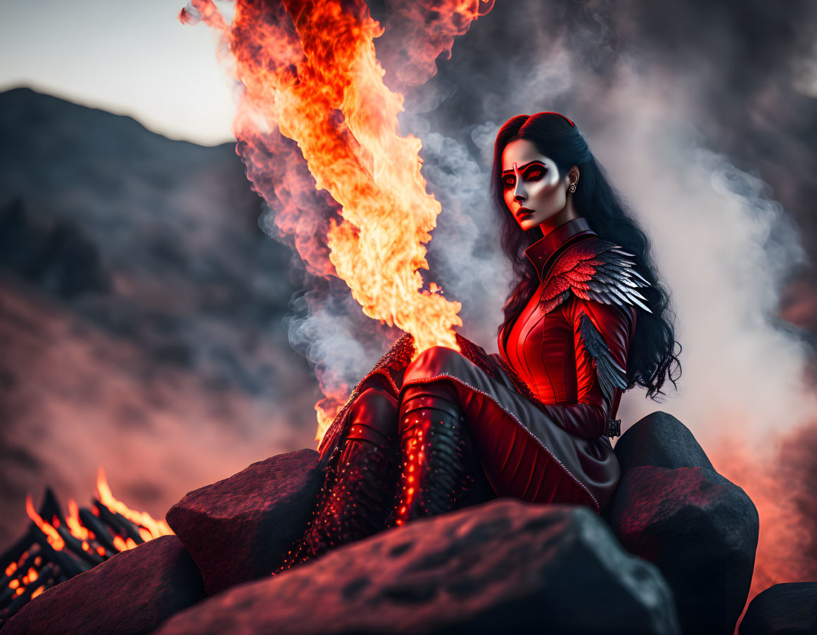 Person in Dragon Costume Breathing Fire on Rocks