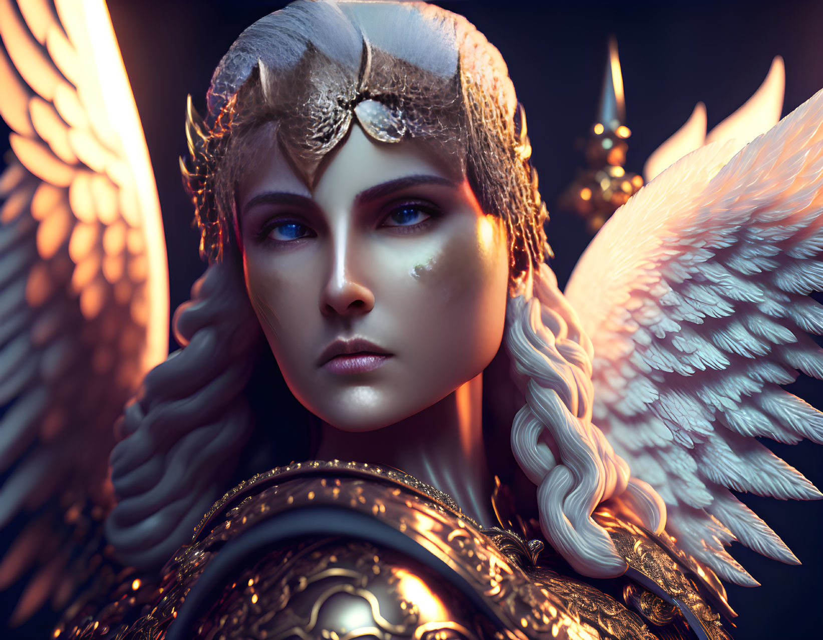 Woman with Angelic Wings and Golden Helmet in Elaborate Armor