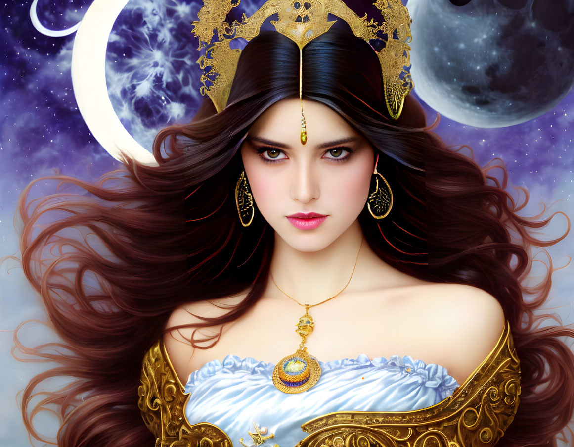 Digital artwork: Woman with fantasy theme, flowing hair, celestial headdress, intricate jewelry, cosmic backdrop