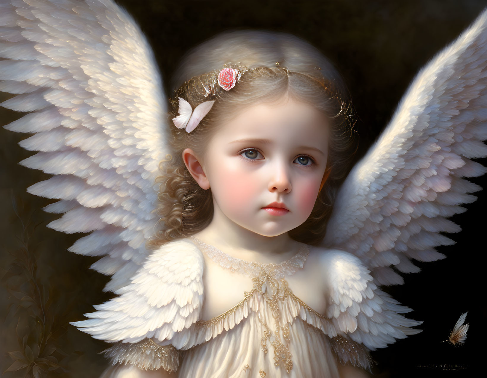 Young angelic girl with large white wings and blue eyes in a dark setting