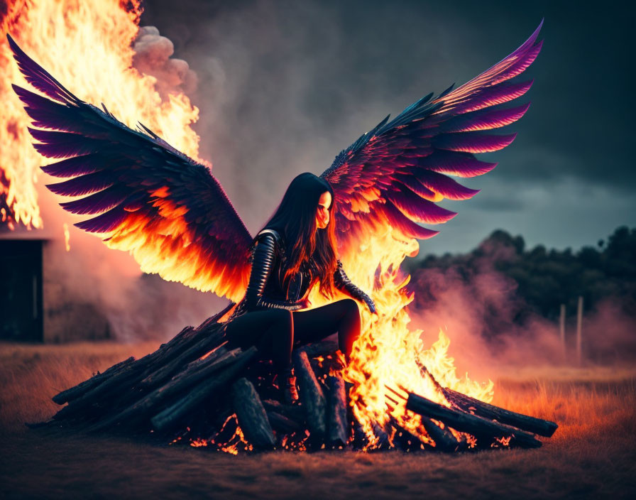 Colorful Winged Person Sitting by Fire and Logs at Dusk