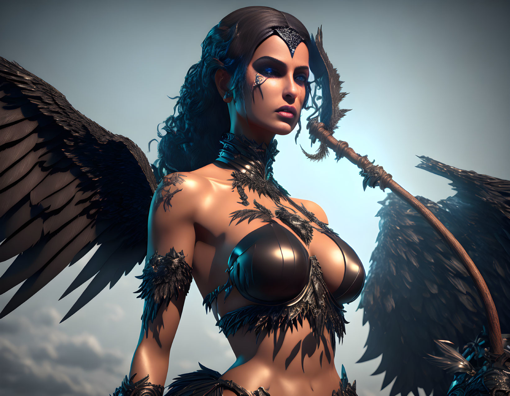 Fantasy female warrior with dark angel wings in metallic and feathered armor