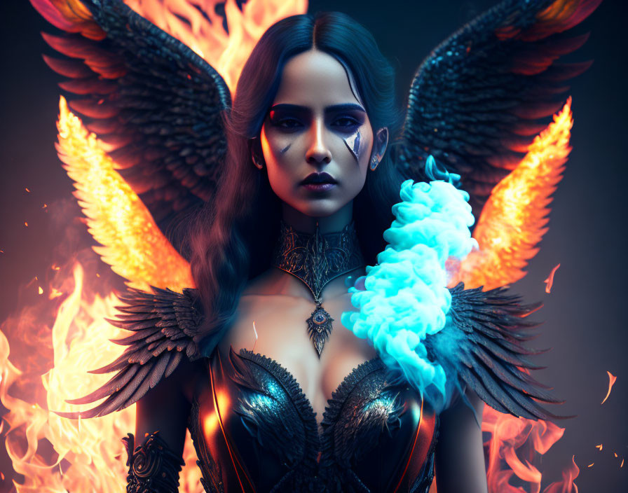 Fantasy woman with dark hair, angelic wings, armor, and blue flame in fiery setting