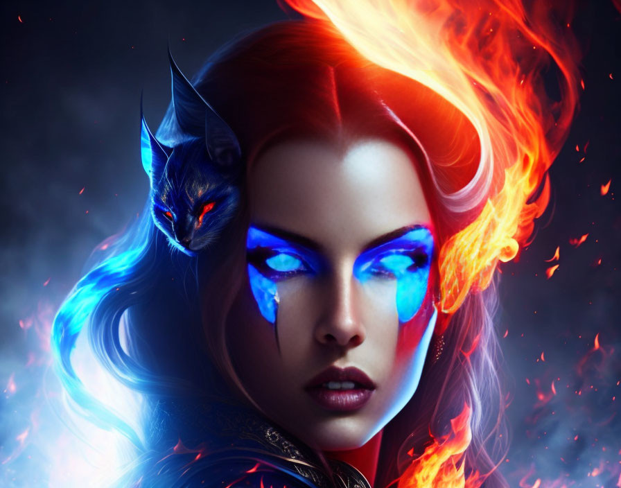 Digital artwork of woman with fiery red hair and glowing blue eyes, accompanied by mystical blue cat on dark