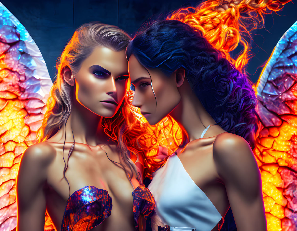 Vibrant angel wings and fiery makeup on two women in neon-lit setting