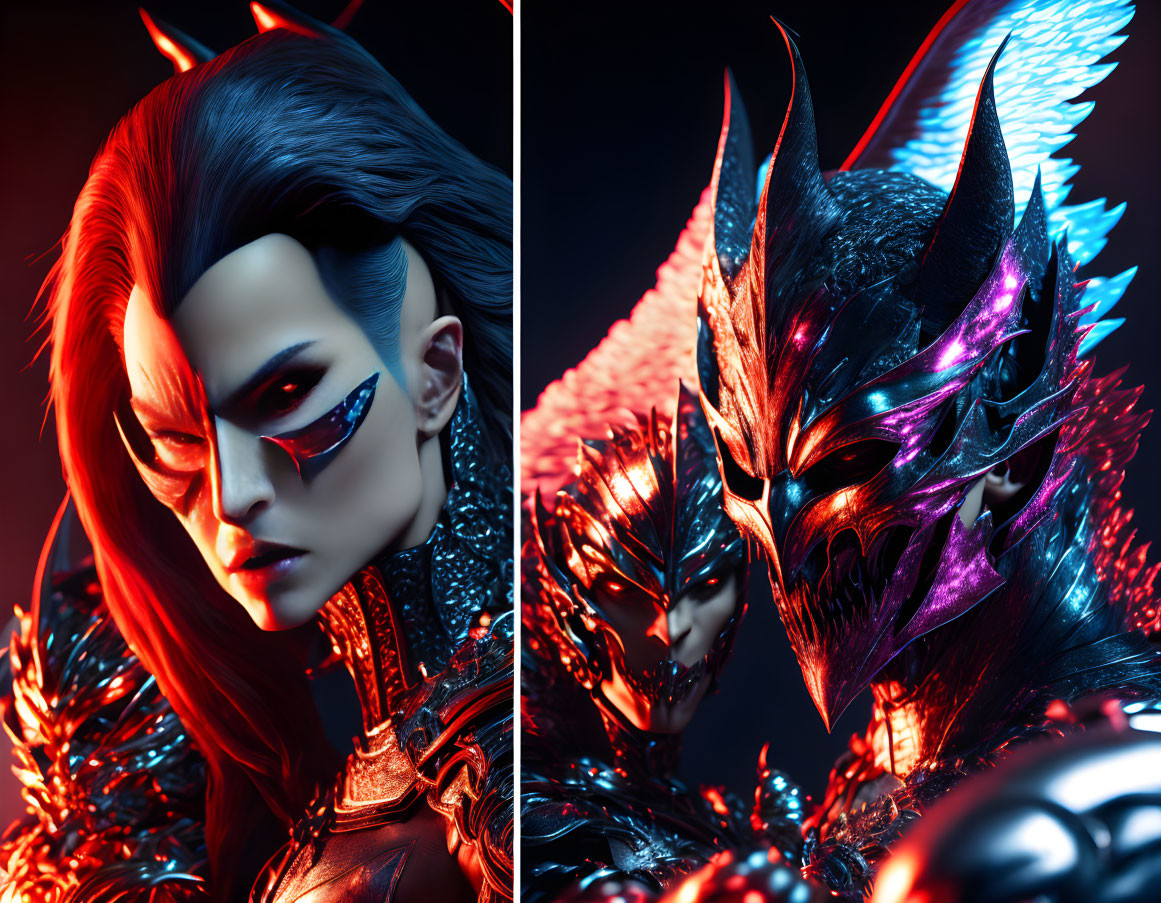 Split-image of futuristic woman and dragon-themed figure in red and blue setting