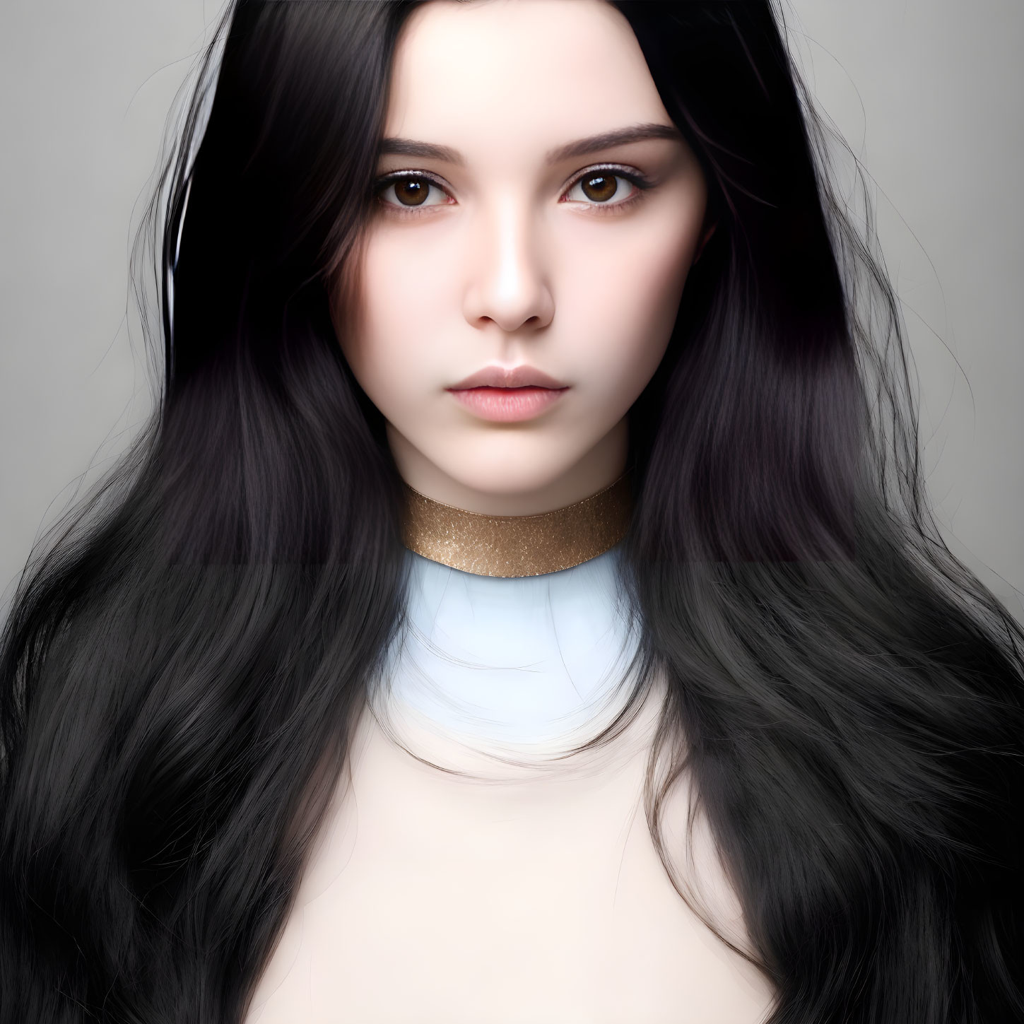 Portrait of female with long black hair and white top.