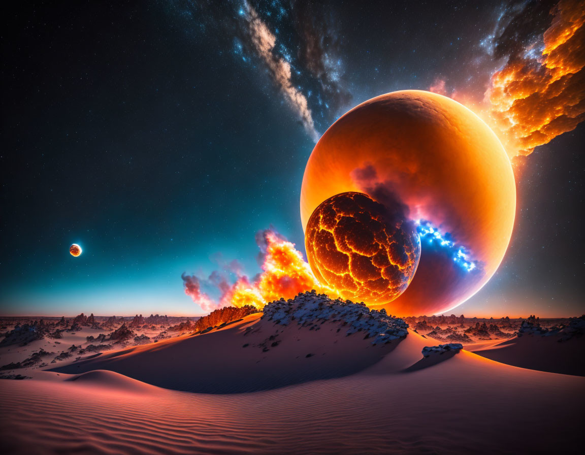 Surreal dusk landscape with sand dunes, orange and smaller planets, fiery cosmic clouds