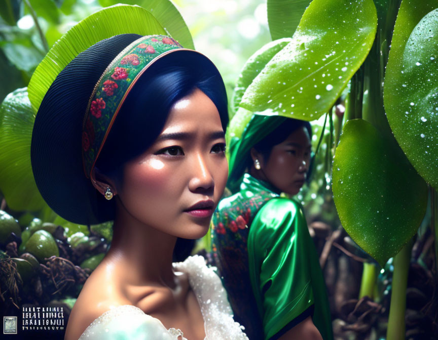 Woman in Turquoise Dress and Red Floral Headpiece Surrounded by Green Leaves with Dew Drops