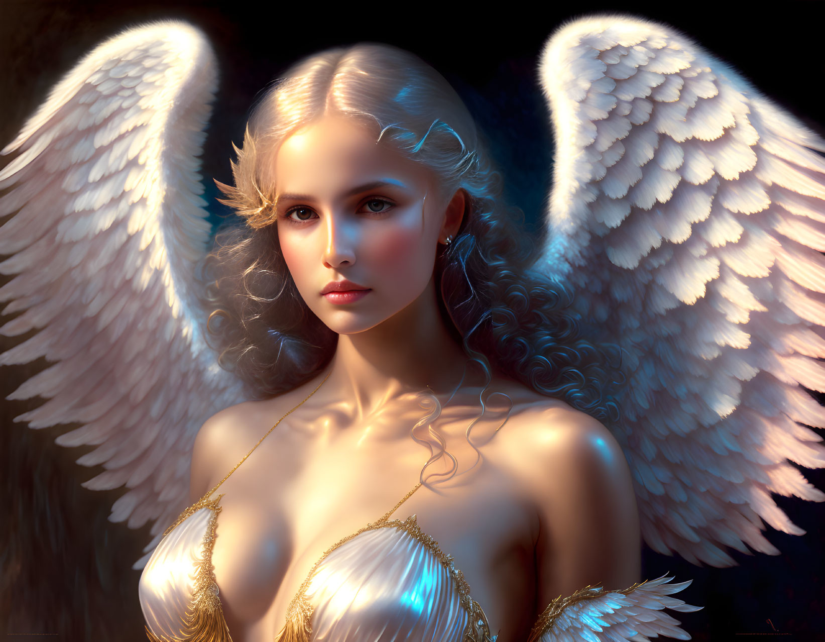 Digital artwork: Woman with angel wings, golden earrings, ethereal glow on dark background