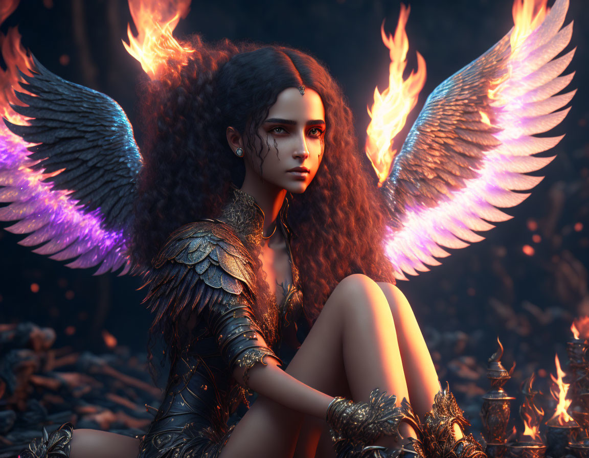 Fantasy artwork of a woman with fiery wings in ornate armor among flames