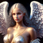 Digital artwork: Woman with angel wings, golden earrings, ethereal glow on dark background