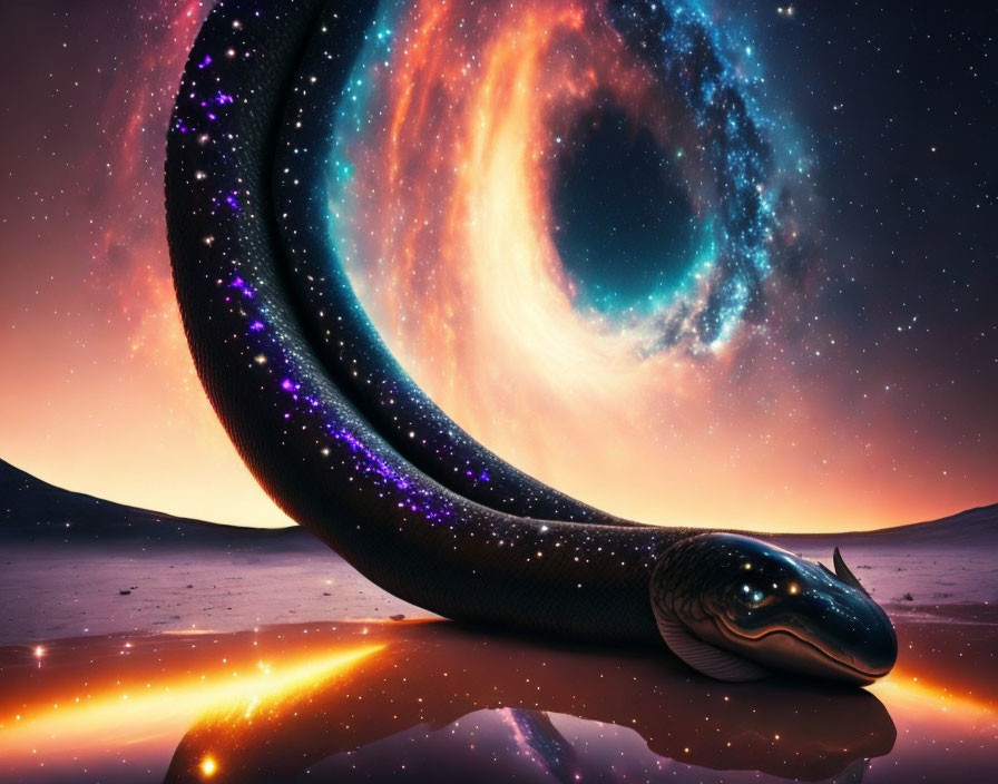 Cosmic Serpent Digital Artwork in Surreal Landscape