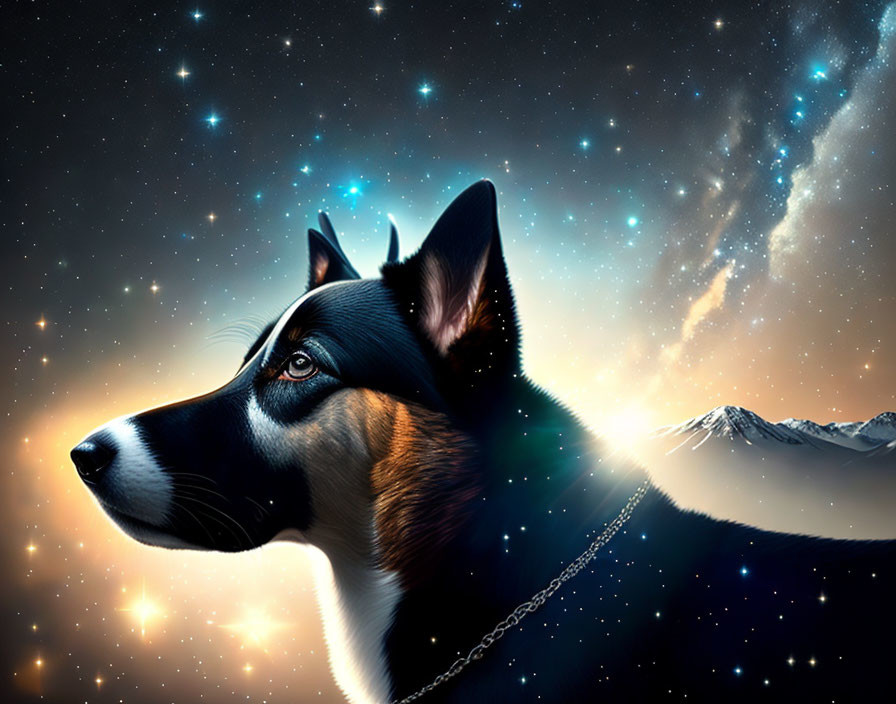 Tricolor Dog Profile on Cosmic Background with Stars and Galaxy