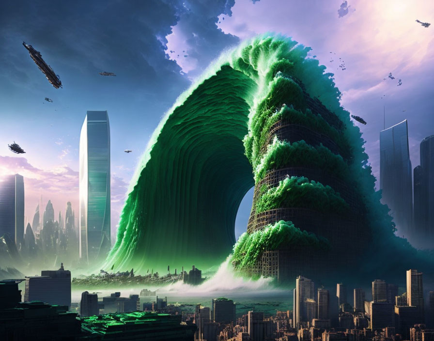 Futuristic cityscape with green wave and flying vehicles