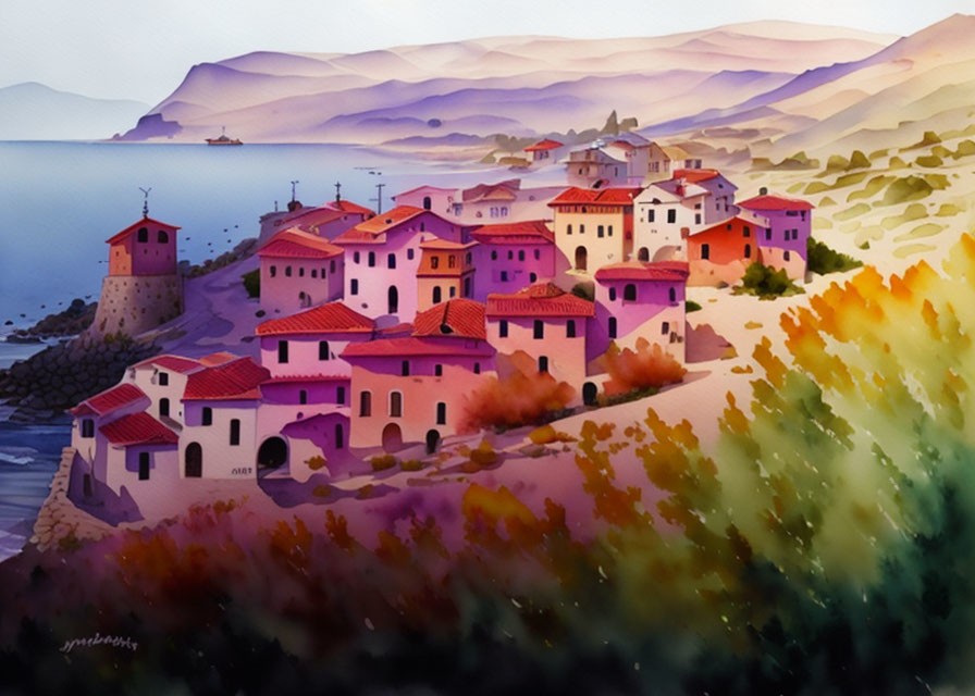 Coastal Village Watercolor Painting with Purple-Roofed Buildings