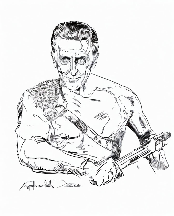 Monochrome sketch of muscular older man with tattoos and guitar