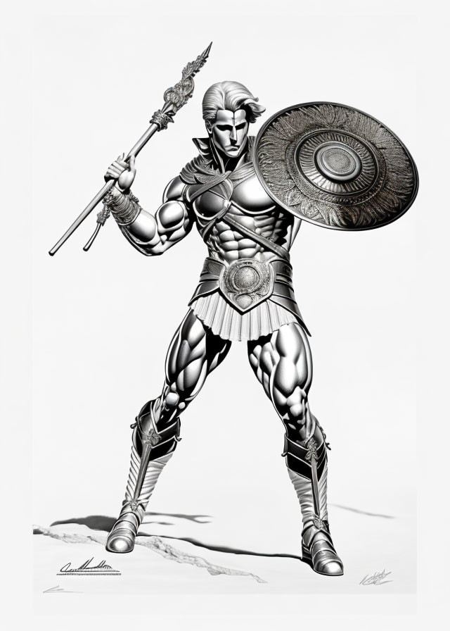 Muscular warrior in ornate armor with spear and shield on white background