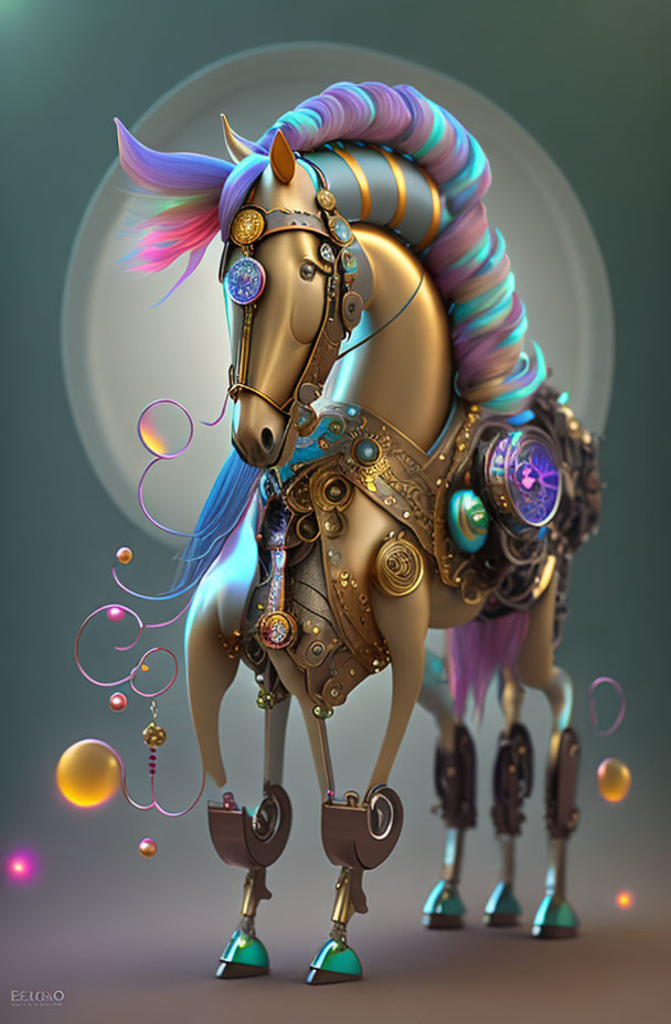 Colorful mechanical steed with jewel-encrusted gear and vibrant mane amidst whimsical bubbles