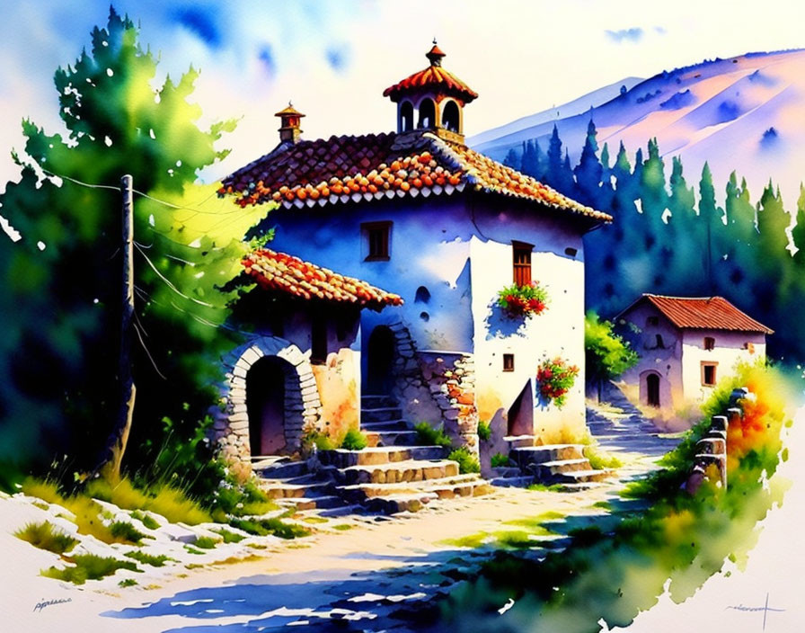 Colorful watercolor painting of a rural house with red roof and lush surroundings