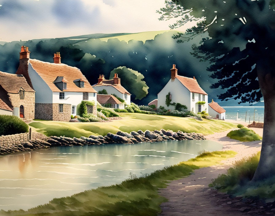 Tranquil watercolor artwork of village by the sea