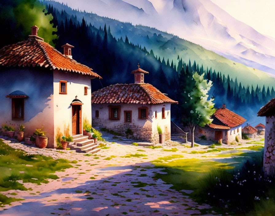 Serene rural scene with stone houses and misty mountains