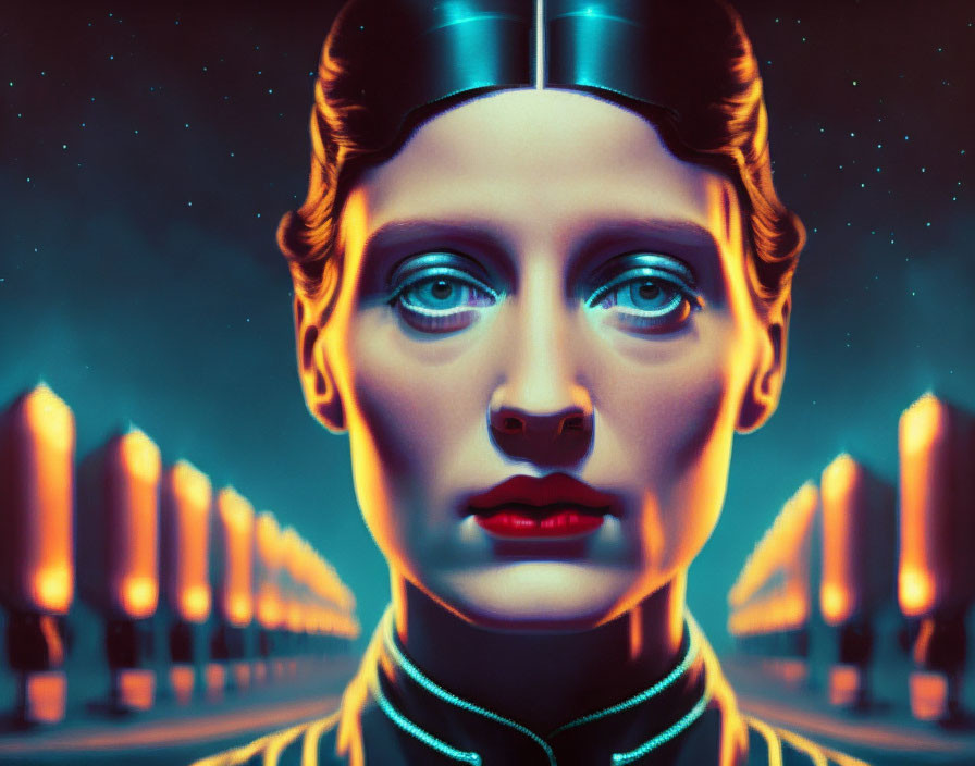 Digital portrait of woman in retro-futuristic style with luminescent lines, in symmetrical corridor