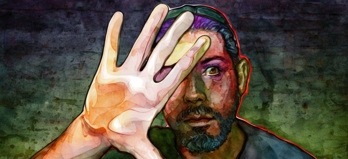 Vibrant watercolor portrait of a bearded man with hand raised, featuring bold profile outline