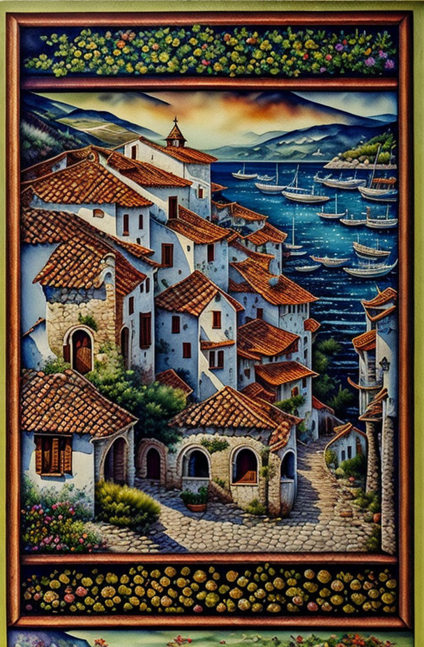 Scenic coastal village painting with white houses, church, boats, sunset sky, and flowers.