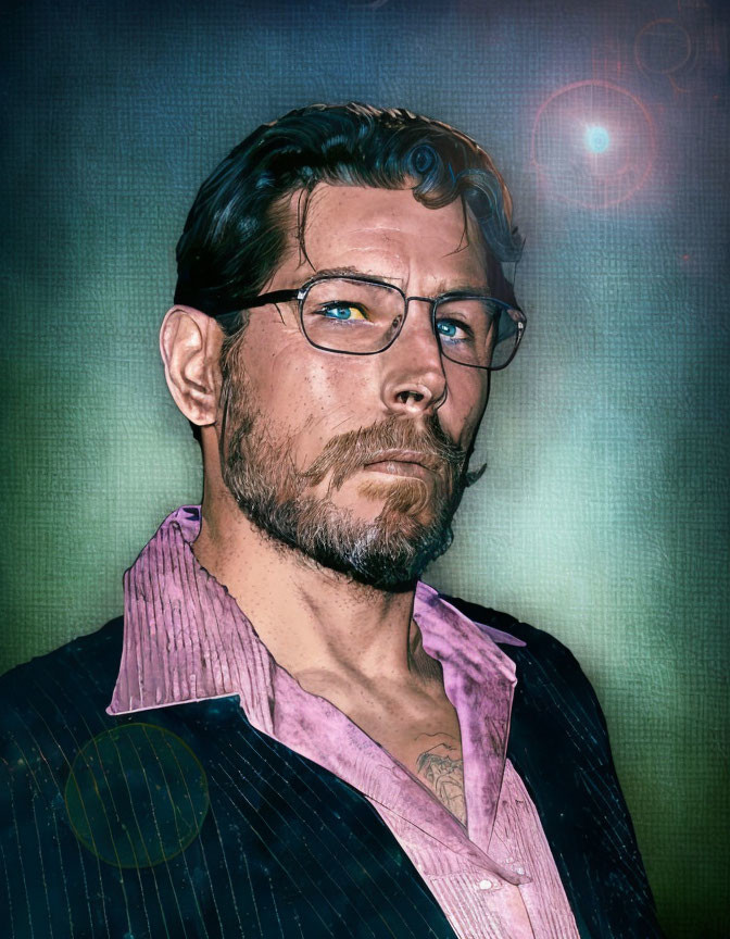 Bearded man in glasses wearing striped suit on textured background