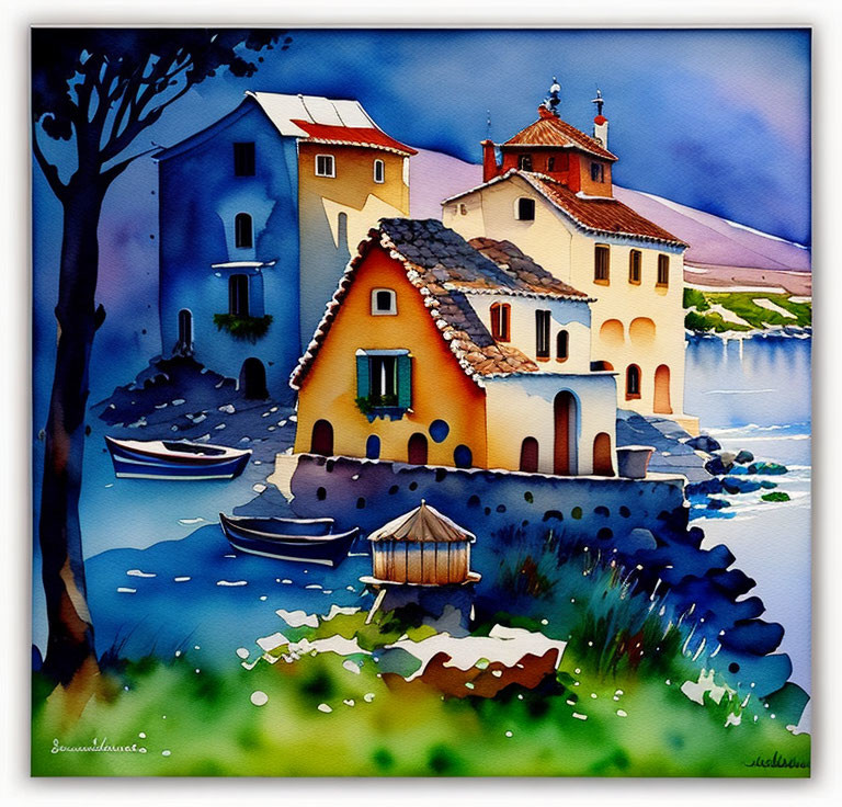 Vibrant Watercolor Painting of Mediterranean Houses by a Lake