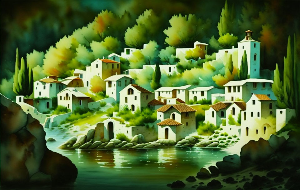 White Houses and Towers in Tranquil Village Painting