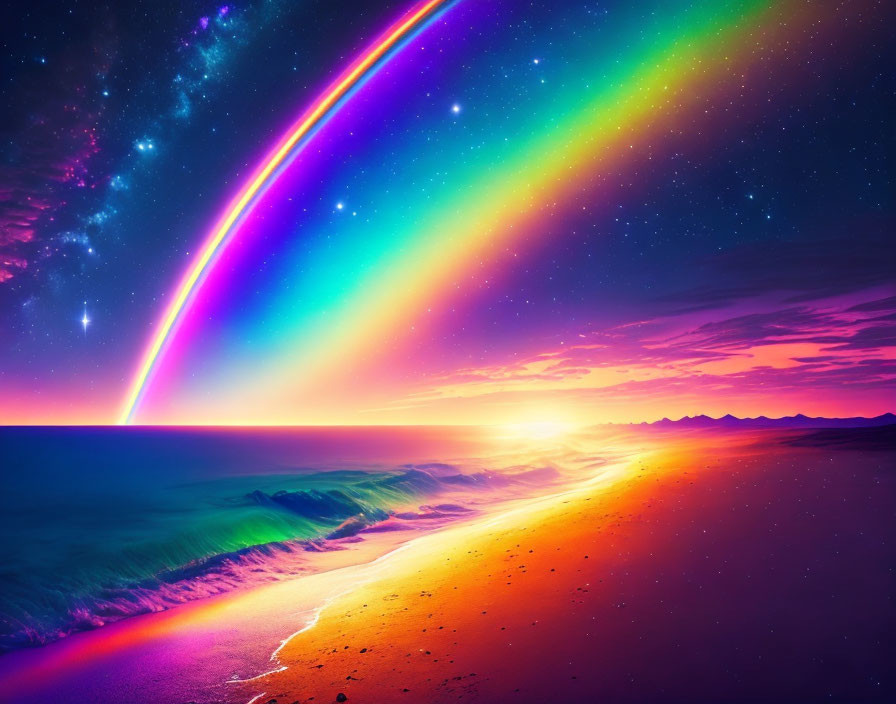 Vibrant digital artwork: Beach sunset with neon rainbow