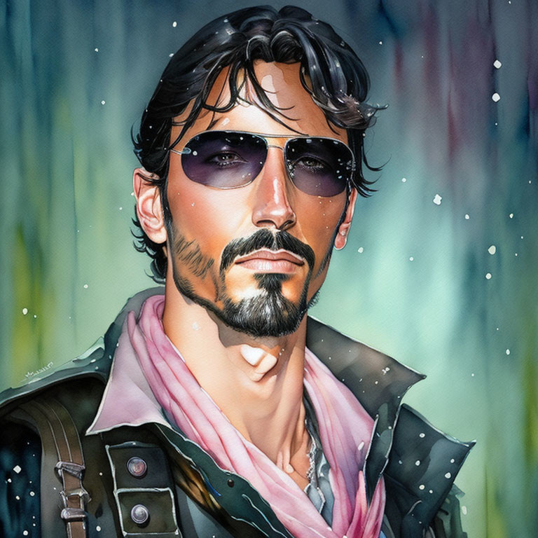 Rugged man with stubble in sunglasses and scarf in rain-soaked scene