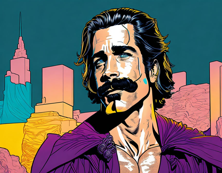 Man with Mustache and Long Hair in Purple Cloak Against Cityscape and Desert Background