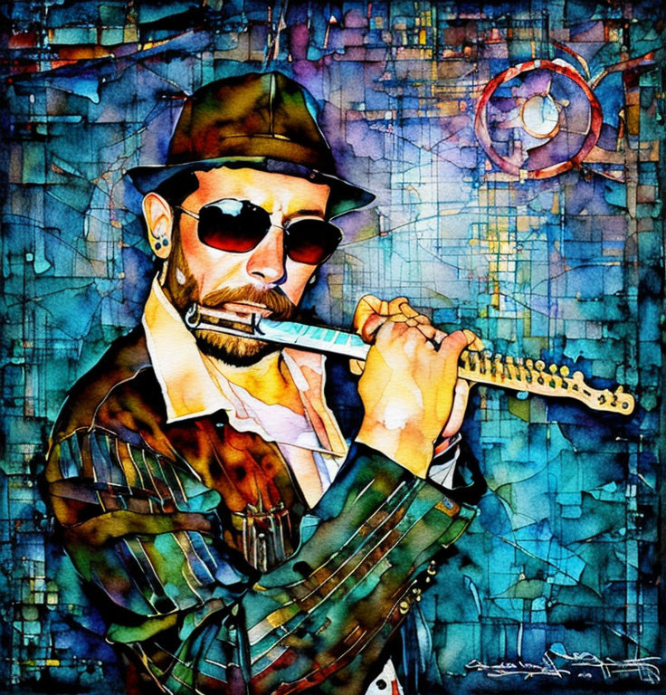 Vibrant painting of man playing flute with hat and sunglasses