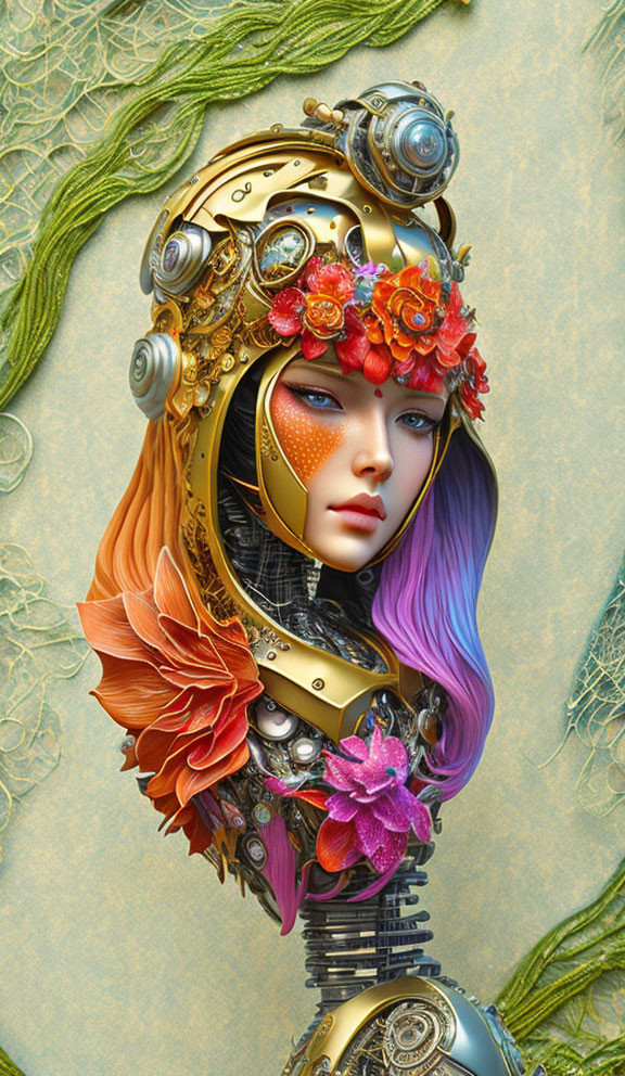 Female Android Digital Artwork with Gold Headgear and Mechanical Neck