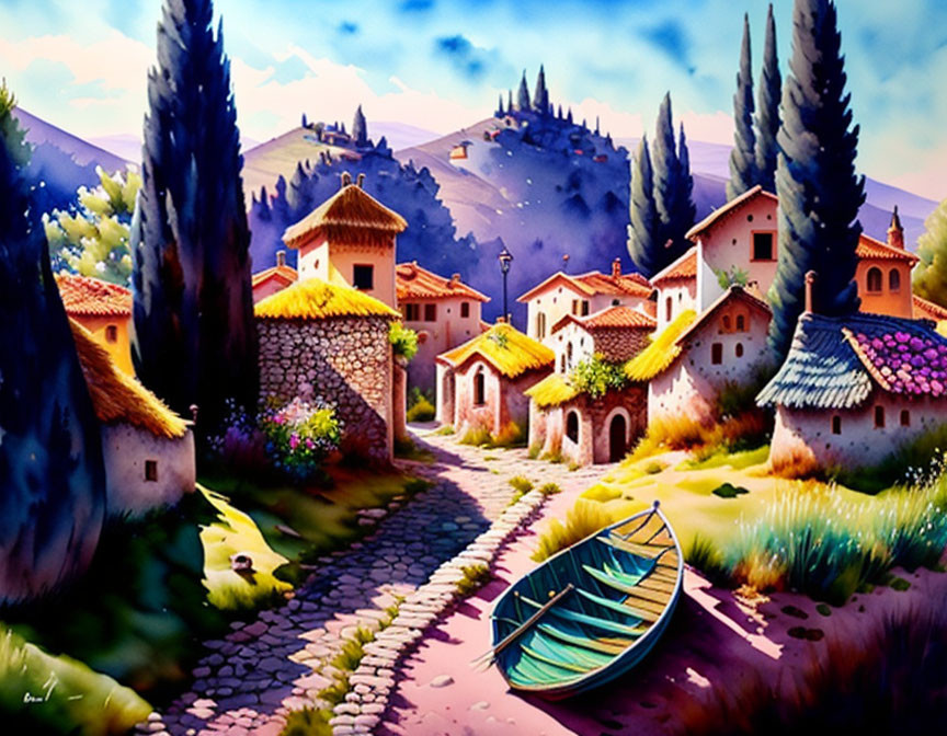 Scenic painting of village with stone houses and cypress trees