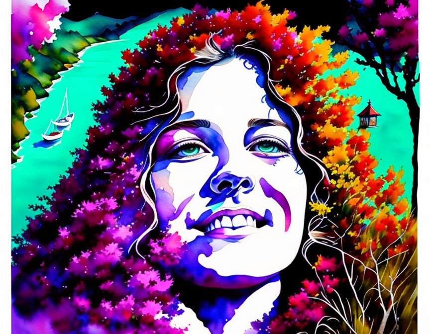 Colorful Painting: Smiling Woman's Face with Floral and Nature Elements