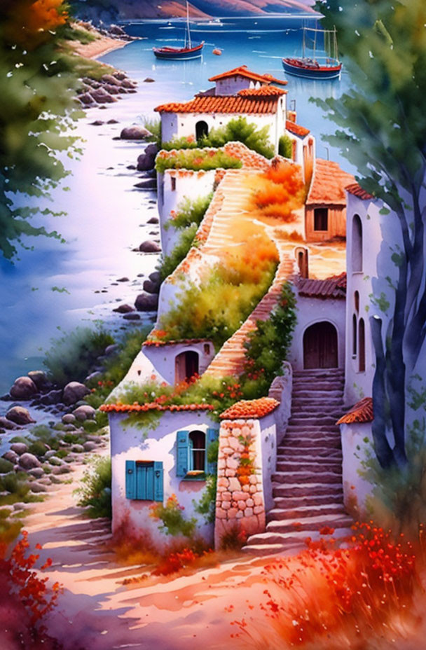 Coastal painting with white houses, stone staircase, greenery, red flowers, and boats.