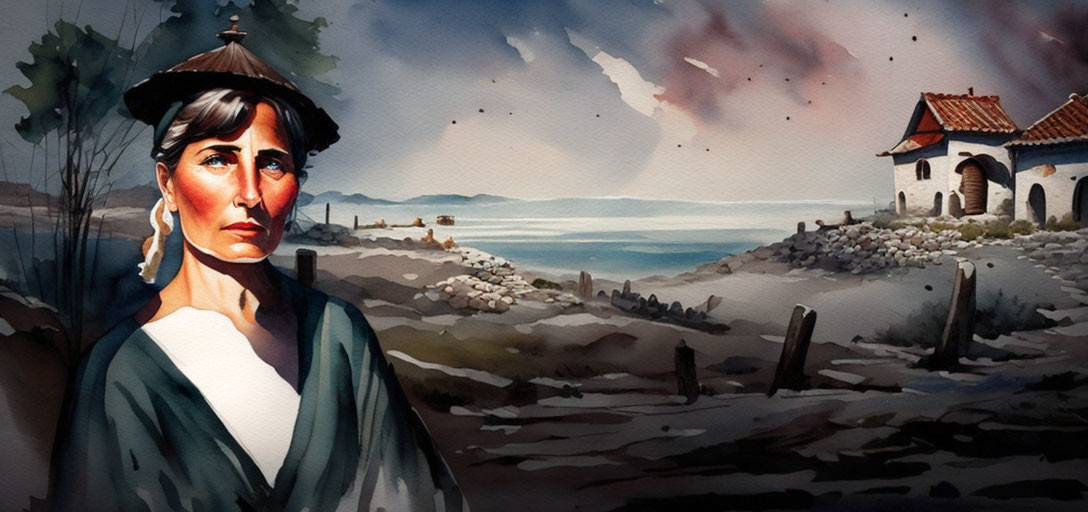 Watercolor illustration of contemplative woman in rural seaside landscape