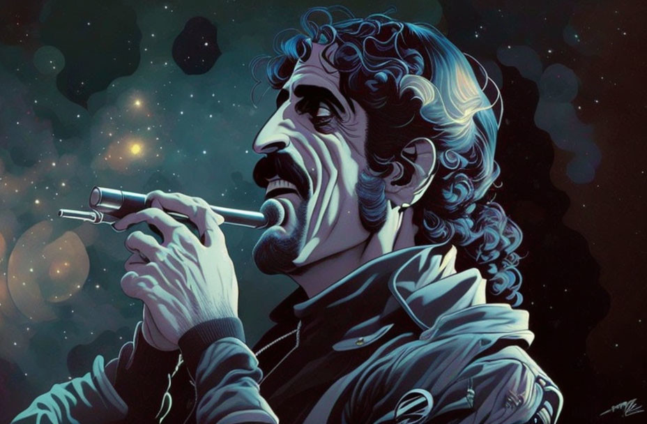 Mustachioed man with curly hair holding a cigarette under starry night sky