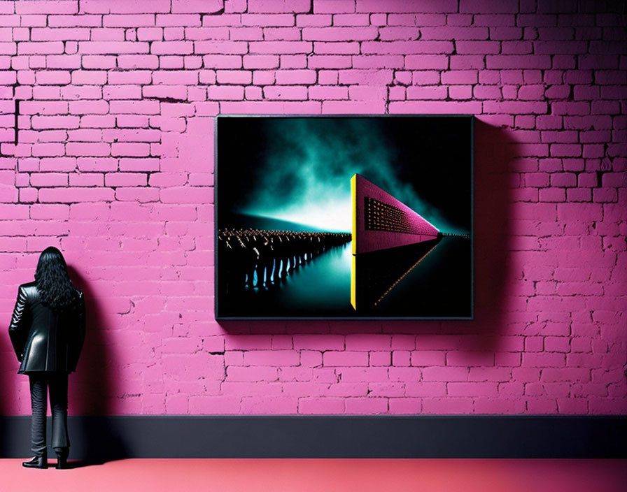 Person in Black Clothing Observing Abstract Neon Art on Pink Brick Wall