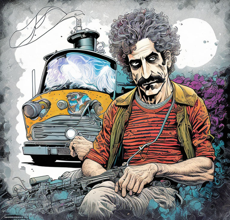 Man with Curly Hair and Mustache in Red Striped Shirt Holding Instrument by Colorful Abstract Bus