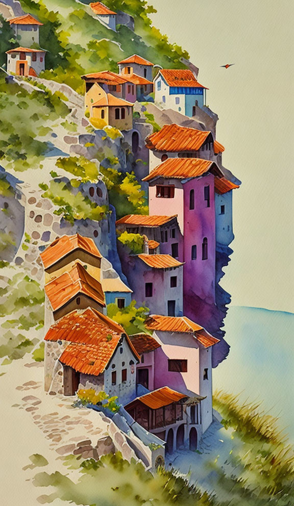 Vibrant watercolor of colorful houses on steep hillside