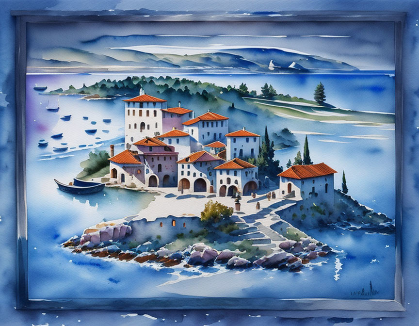 Serene coastal scene with Mediterranean village and misty hills