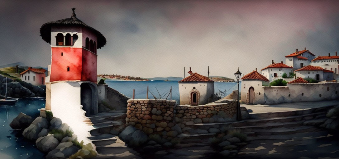 Coastal Village Watercolor: Red Tower, Stone Houses, Boats