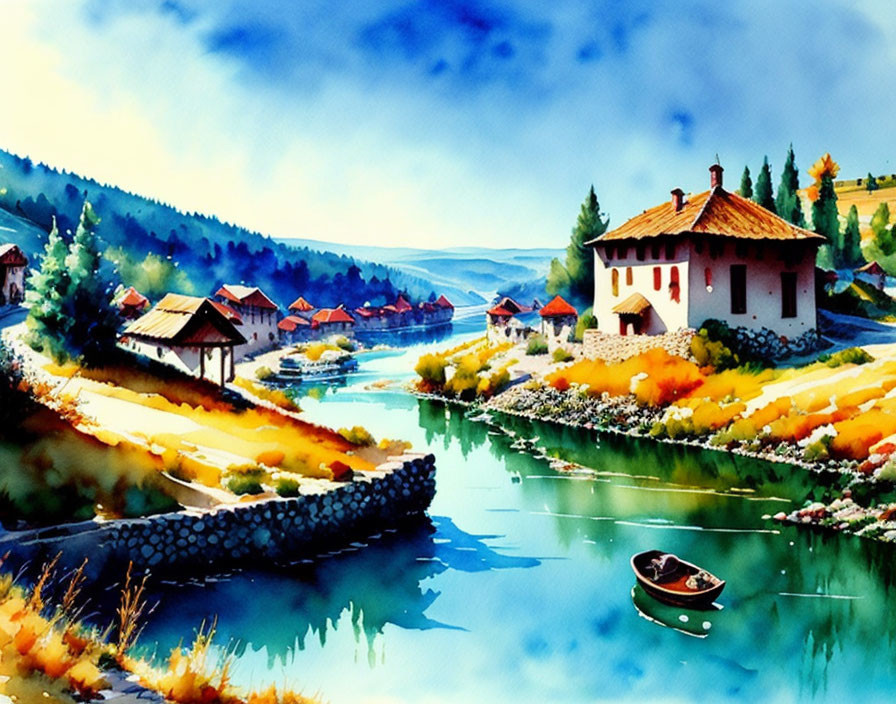 Serene village by river: vibrant watercolor of colorful foliage, lone boat, quaint houses.