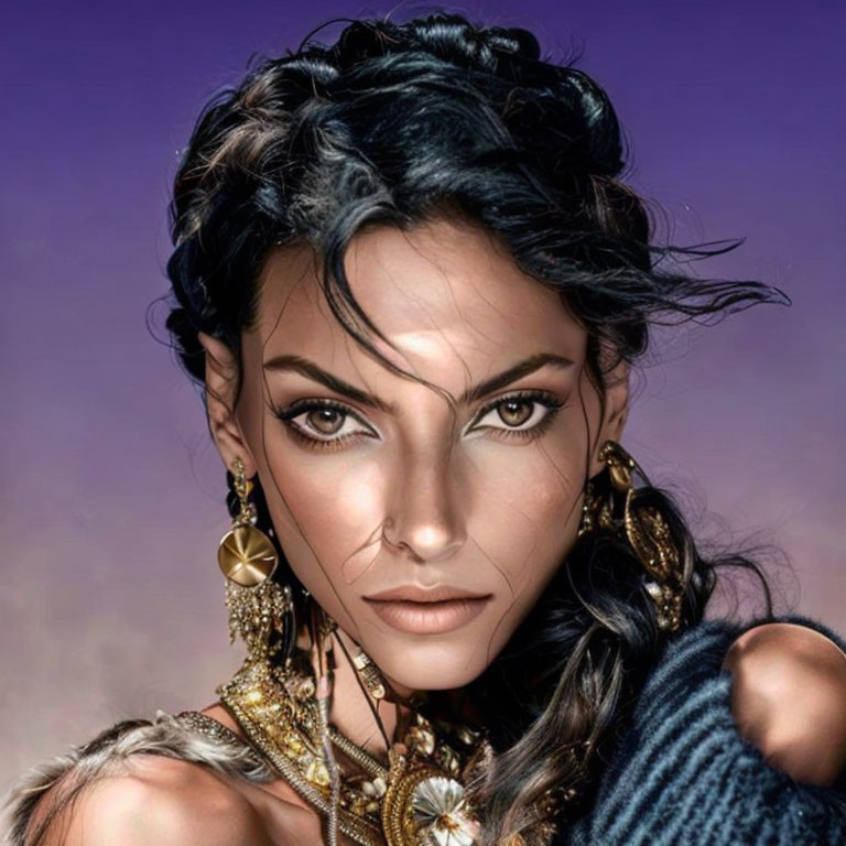 Striking digital portrait of a warrior woman with braided hair and bold makeup