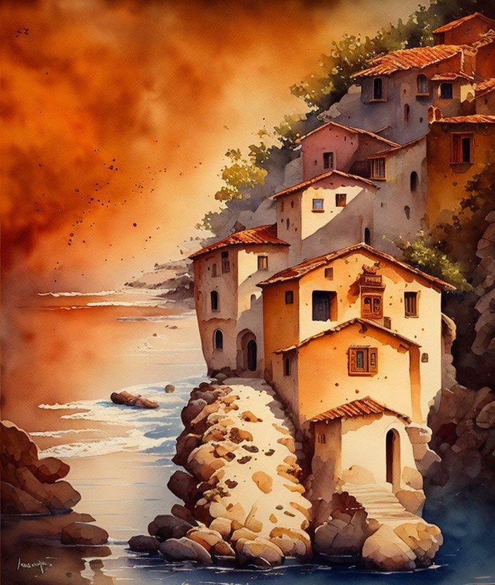 Coastal village watercolor painting with terracotta houses on rocky cliffs